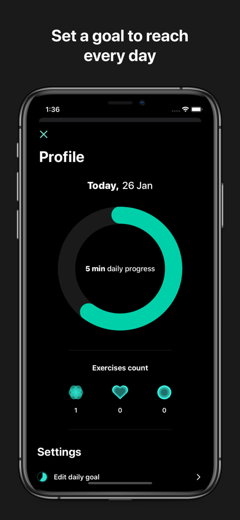Profile screen of the Becalm breathing app showing daily progress and exercise statistics