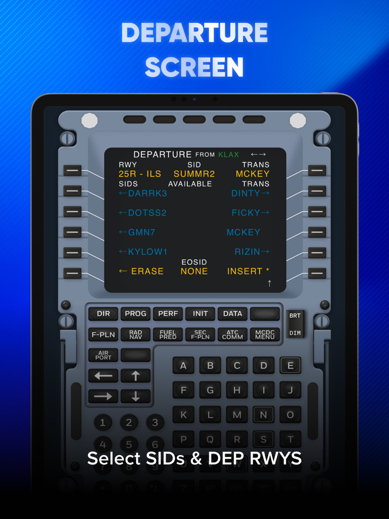Pantalla de salida del Airbus A320 FMS para seleccionar SIDs y pistas en iPad