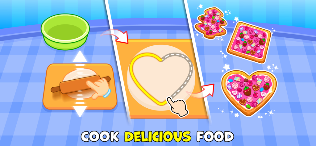 Toddler Educational Games - Toddler educational game screen showing steps to roll dough, trace heart shapes, and decorate cookies.