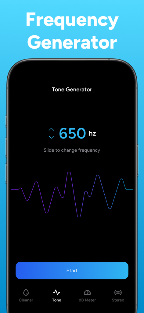 Water Eject  • Speaker Cleaner - Interface of the Tone Generator feature in the Water Eject app showing a frequency of 650 Hz