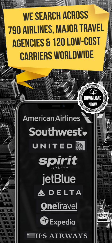 Tela do aplicativo móvel mostrando logotipos de grandes companhias aéreas e agências de viagens, incluindo Delta, United e Expedia, com uma mensagem sobre pesquisa em mais de 790 companhias.