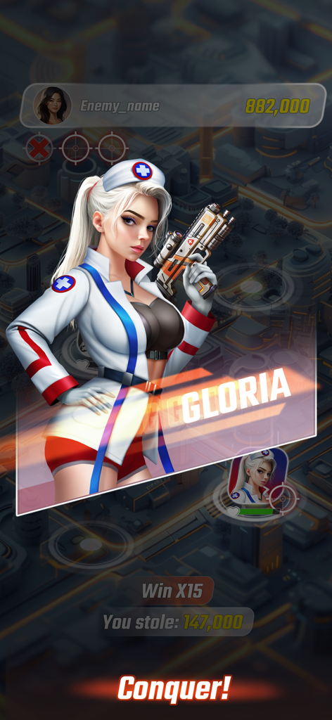 Personagem Gloria de Guns and Girls vestindo um traje tático médico e segurando uma arma em uma tela de vitória.