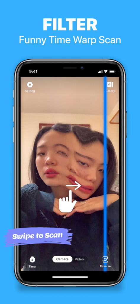 Time warp scan filter, slider - A person using the Time Warp Scan filter app to create a distorted face effect