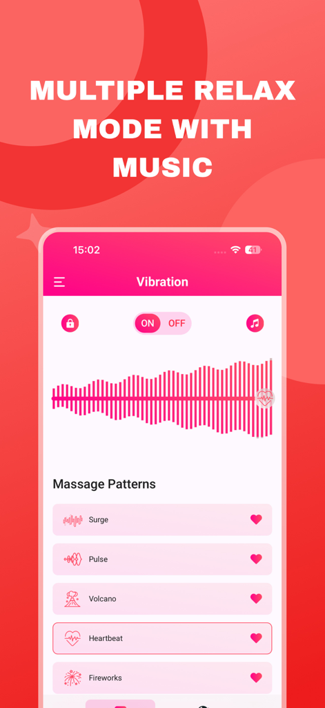 Interface de l'application MeloZen montrant plusieurs modes de massage par vibration comme 'surge' et 'pulse' pour la relaxation.