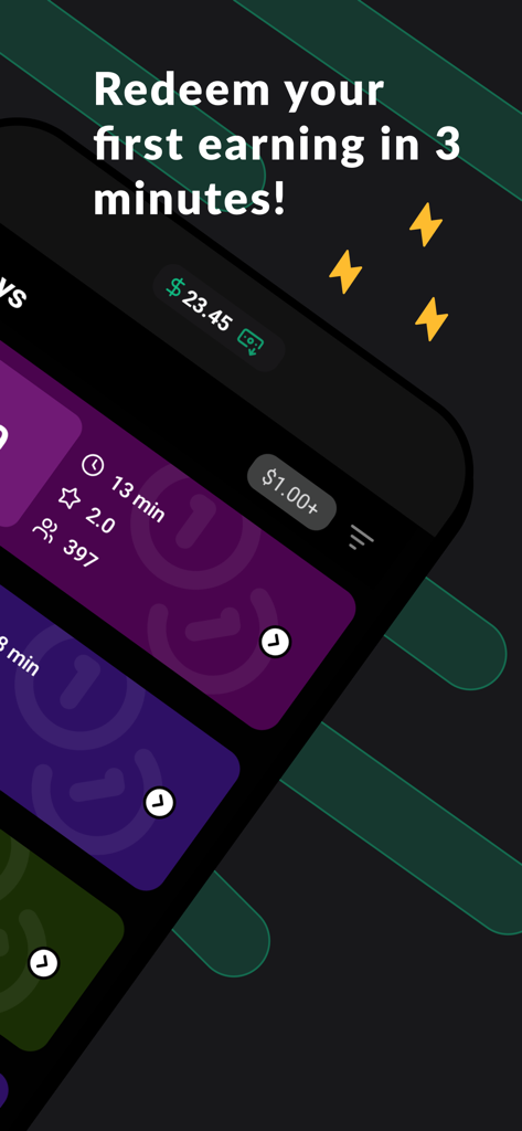 SurveyBank: Earn Cash - Interface of the SurveyBank app showing available surveys and a message about fast earnings redemption.