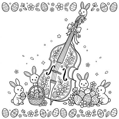 Unleash your creativity with this delightful Easter-themed coloring page, featuring a beautifully adorned double bass surrounded by charming bunnies and decorated eggs. It's the perfect way to combine your love for music and spring festivities into one engaging art project.