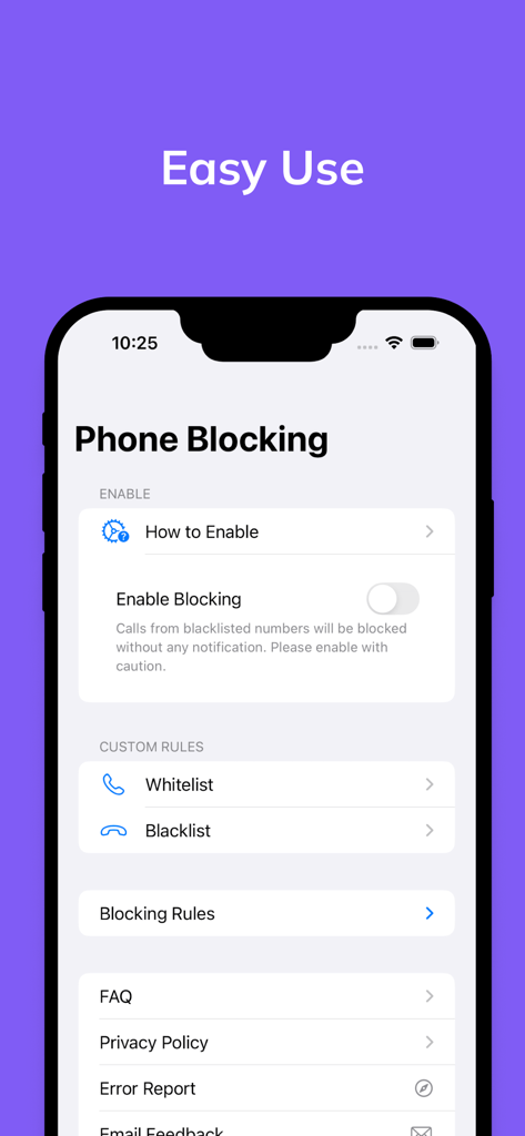 Tela de configurações do aplicativo Bloqueador de Chamadas mostrando uma interface limpa para ativar o bloqueio de chamadas, listas de permissões e listas de bloqueio.