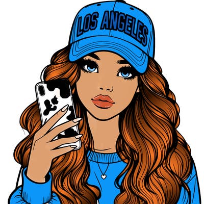 realistic beautiful girl wearing los ángeles cap holding an iphone