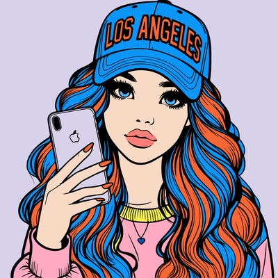 realistic beautiful girl wearing los ángeles cap holding an iphone