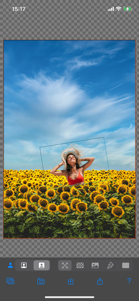 Background Replacer - ひまわり畑の背景に編集されている女性を示すBackground Replacerアプリのインターフェイス