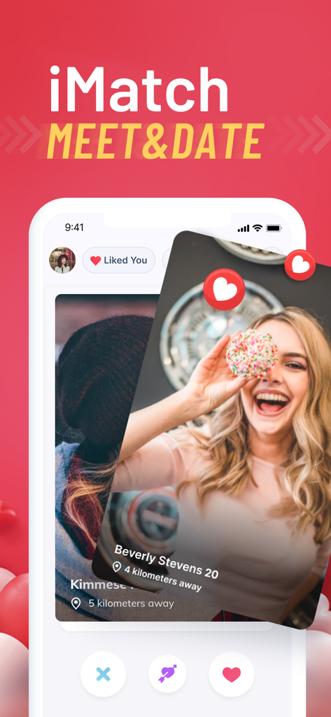 iMatch - Match, Chat, Date - iMatch dating app user interface showing profile cards for local matches and a meet and date slogan