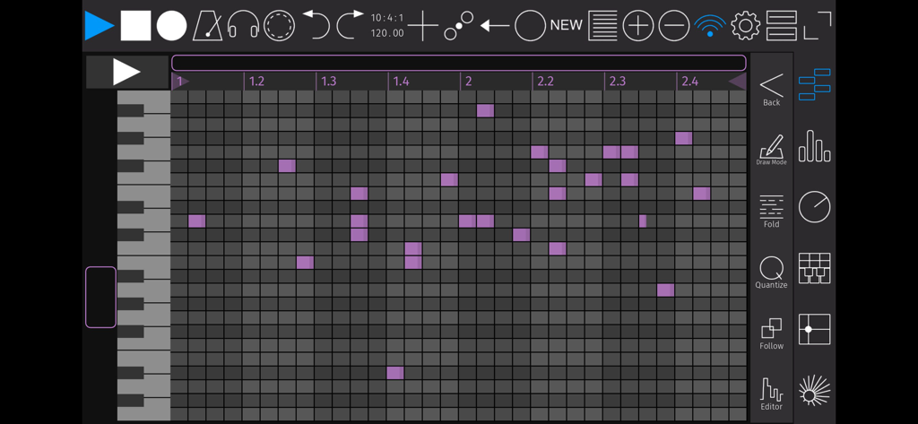 touchAble Pro - Interface de l'éditeur piano roll MIDI dans l'application touchAble Pro pour la production musicale