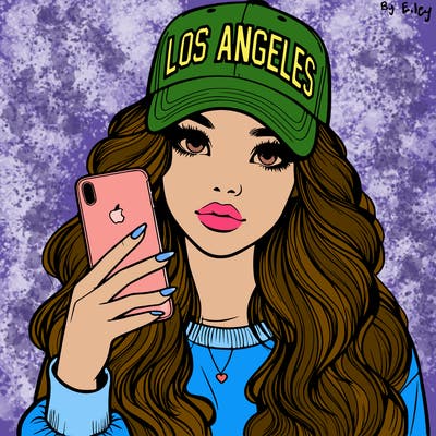 realistic beautiful girl wearing los ángeles cap holding an iphone