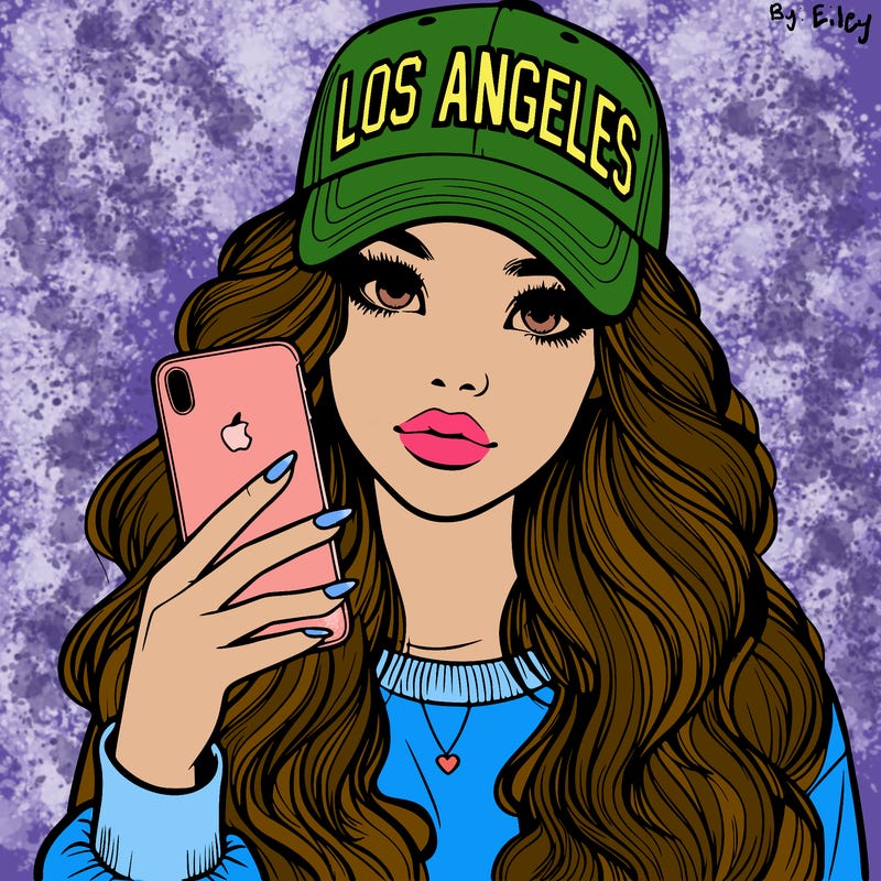 realistic beautiful girl wearing los ángeles cap holding an iphone