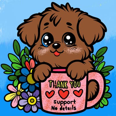 a really cute puppy holding a thank you for support mug with flowers everywhere