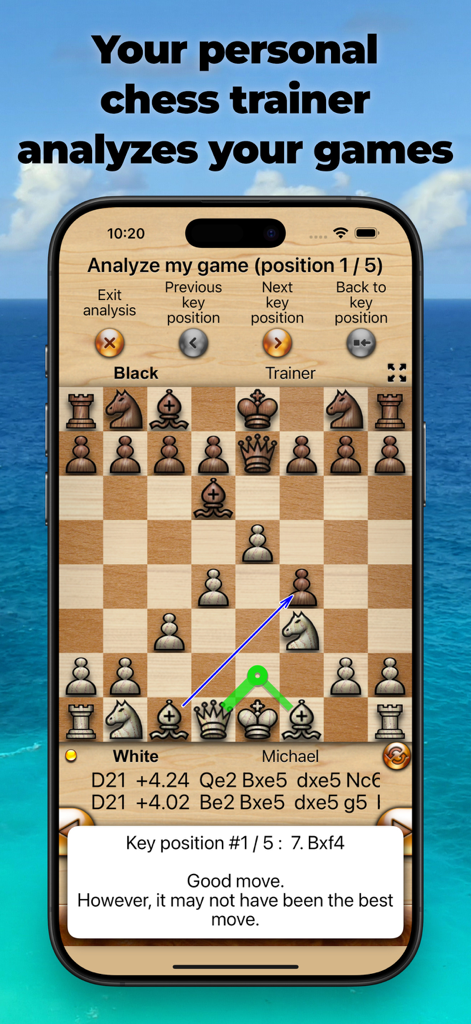 Chess Tiger Pro - Chess Tiger Pro mobile app screen showing a wood-themed chessboard with move analysis and personalized coaching feedback.