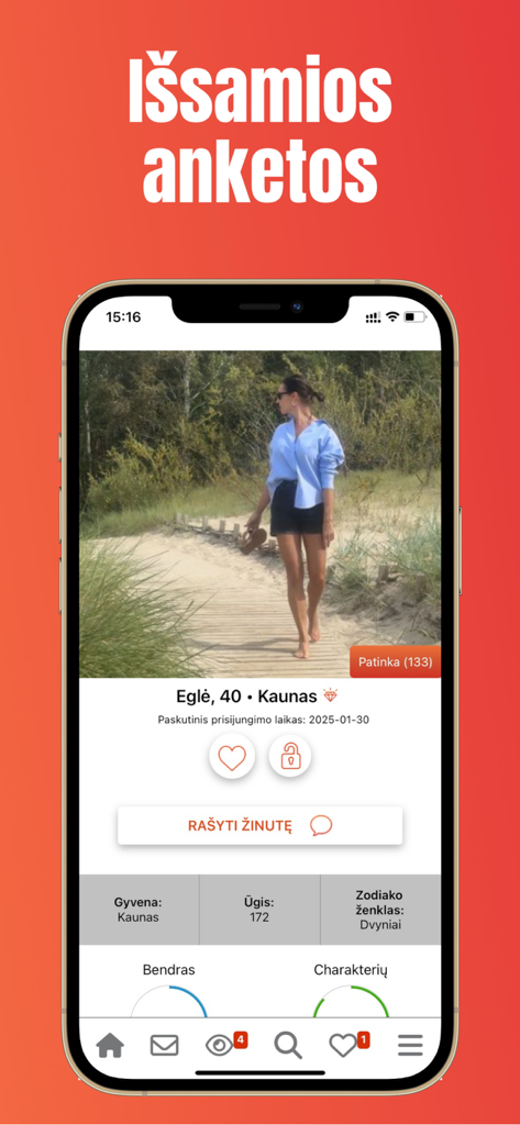 Um perfil de usuário detalhado no aplicativo de namoro Darnipora, mostrando a foto de um membro, localização e pontuações de compatibilidade de personalidade.