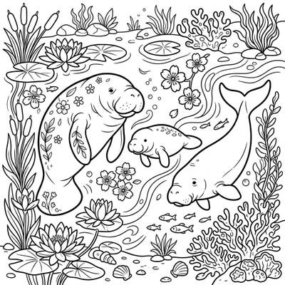 Discover the serene beauty of spring with our charming coloring page featuring gentle manatees and dugongs. Swim alongside these beloved marine mammals as they enjoy a vibrant underwater world filled with blooming flowers and lush aquatic life.