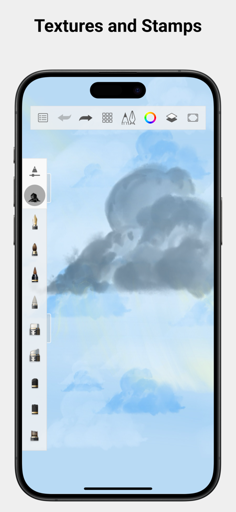 Sketchbook® - Sketchbook app interface on a smartphone showing a drawing of clouds with texture and stamp tools