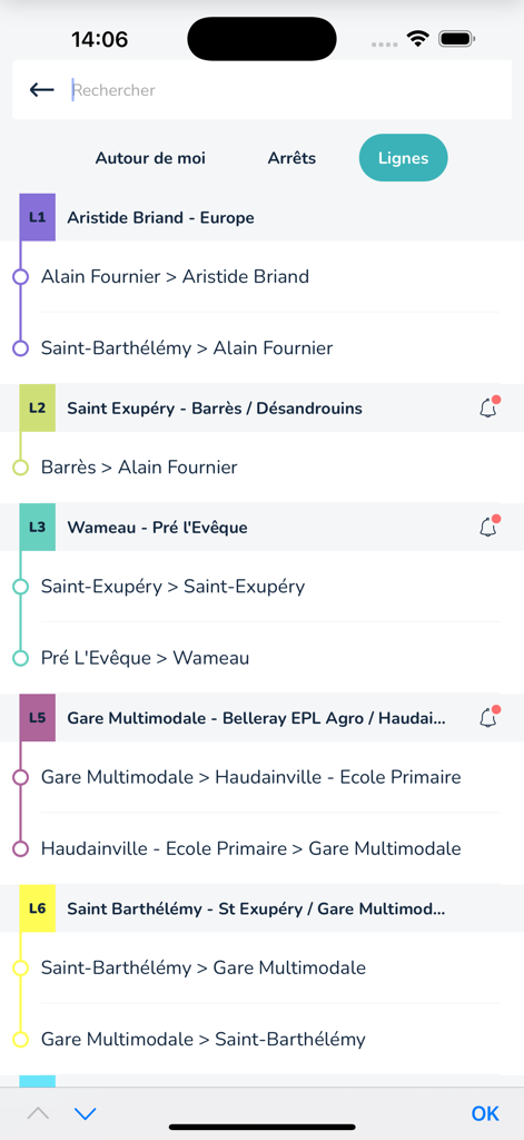 Zenbus - Zenbus app interface showing a list of available bus lines and route directions