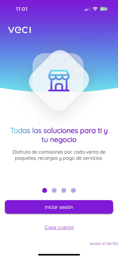 スペイン語のVeci-Appウェルカムスクリーン。中小企業家向けのビジネスソリューションと手数料を表示。