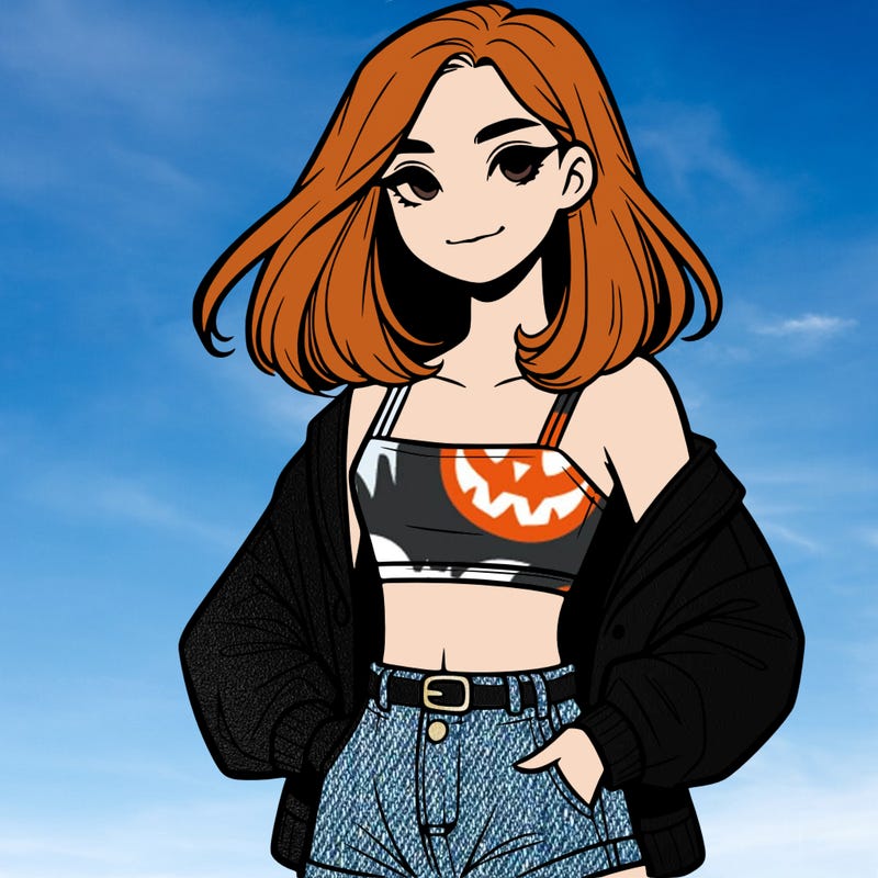 a realistic girl with a crop top and short shorts in an open jacket