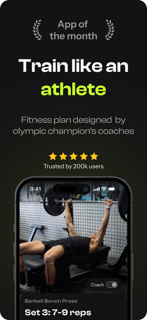 Oly: Personal Fitness Coach - Oly app promotional screen featuring a man performing a barbell bench press and the text Train like an athlete.