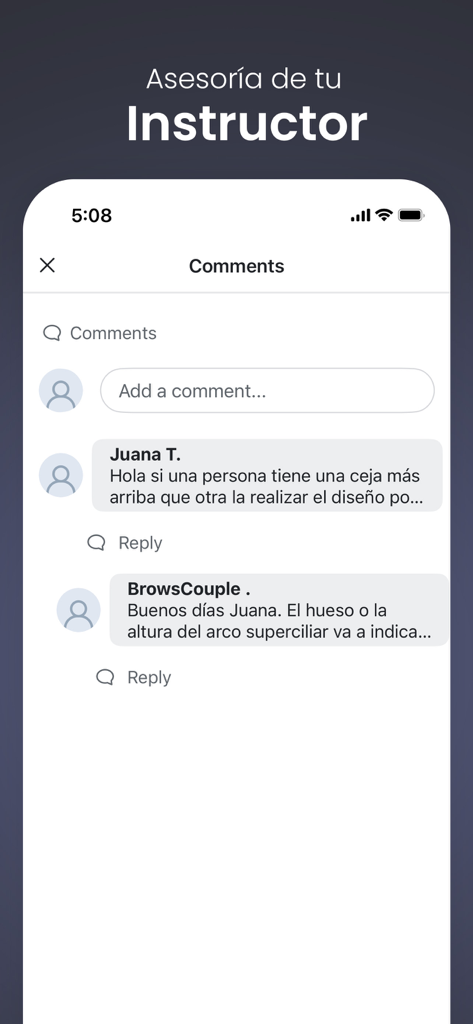 Brows Couple - The Brows Couple app comments screen where an instructor provides professional beauty advice to a student.