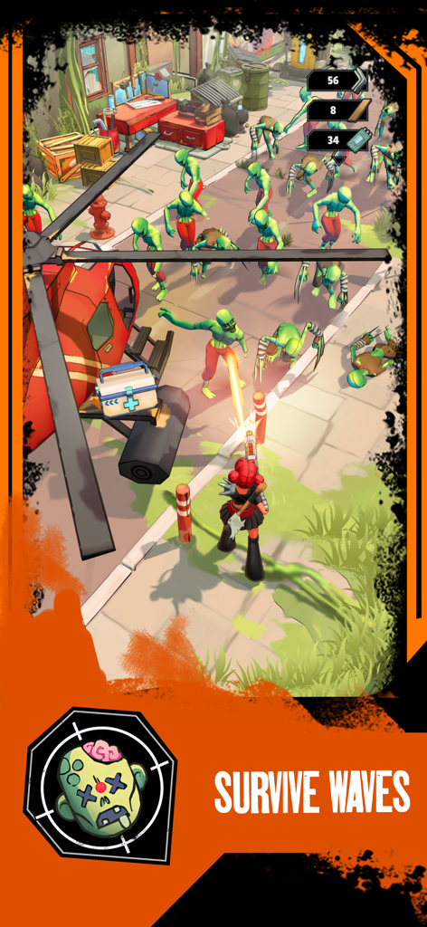 A female character shooting a horde of green zombies in a cel-shaded post-apocalyptic city.