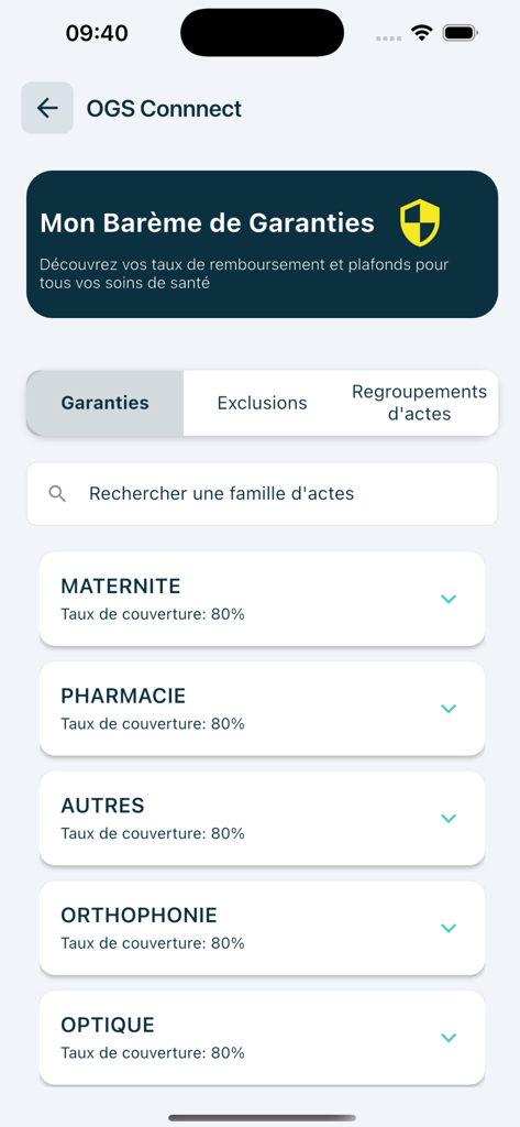 OGS Connect - Exibição do aplicativo móvel OGS Connect mostrando as taxas de cobertura do seguro saúde e os benefícios para várias categorias médicas
