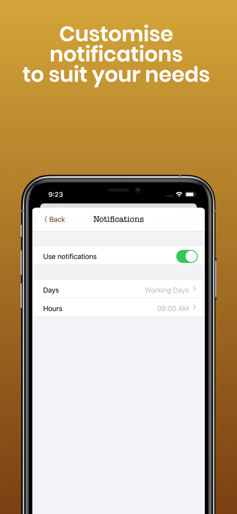A mobile interface showing customizable notification settings for a bible verse app including options for days and hours.