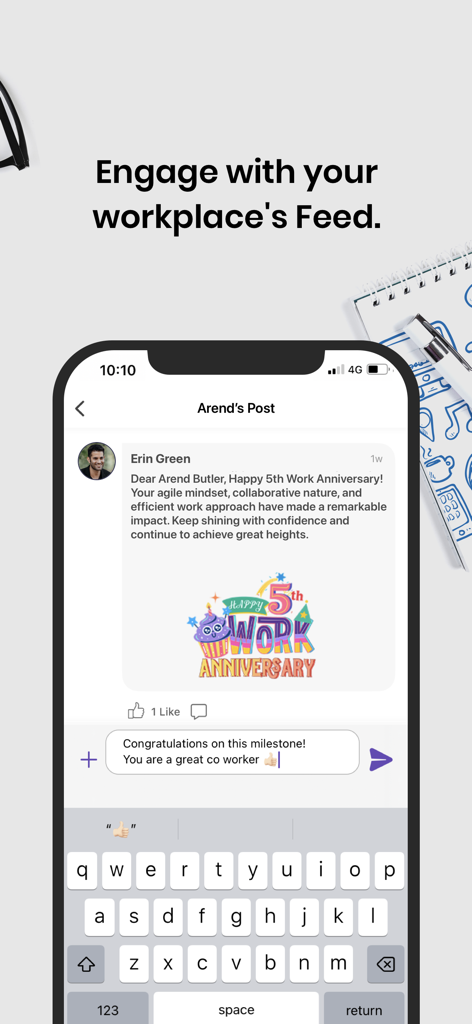 Vantage Circle - A smartphone displaying a work anniversary celebration post on the Vantage Circle workplace social feed