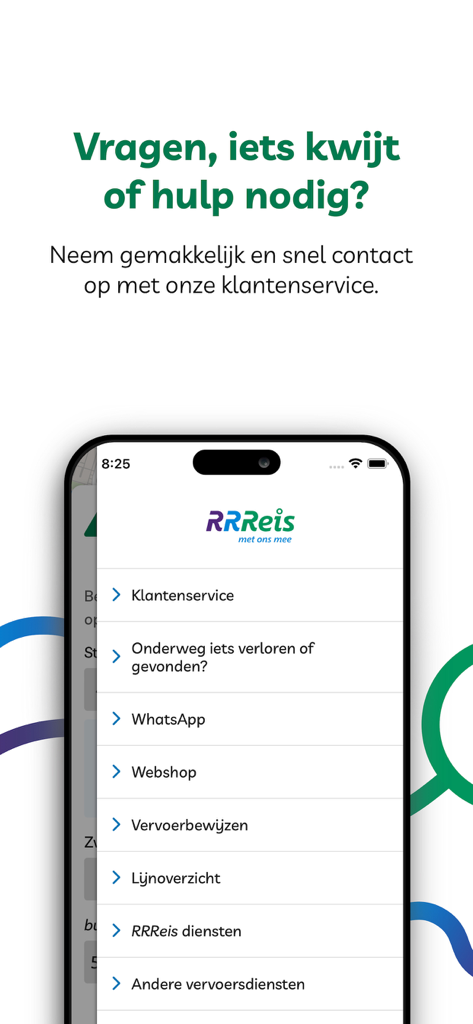RRReis app - RRReis mobile app support menu showing customer service and lost and found options