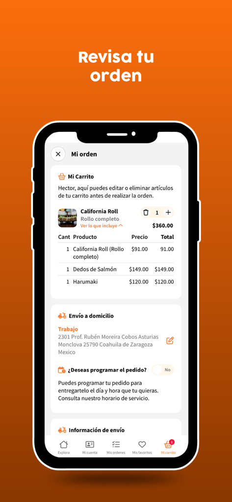 Una pantalla de revisión de pedido de la aplicación móvil Dong Sushi mostrando una lista del carrito de compras y la dirección de entrega.