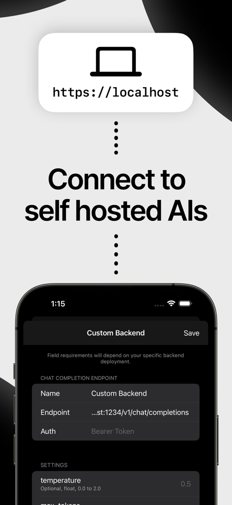 Apollo - Powered by Liquid - Apolloアプリで、セルフホストAIモデル用のカスタムバックエンドエンドポイントを設定するインターフェース。