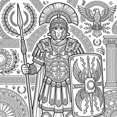 Step back in time to the glory of ancient Rome with this stunning coloring page featuring a formidable Praetorian Guard. Adorned in magnificent ceremonial armor and surrounded by classic Roman motifs, this design offers a captivating artistic challenge.