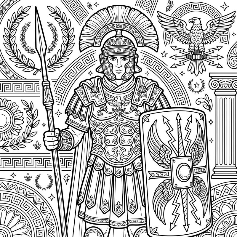 Step back in time to the glory of ancient Rome with this stunning coloring page featuring a formidable Praetorian Guard. Adorned in magnificent ceremonial armor and surrounded by classic Roman motifs, this design offers a captivating artistic challenge.