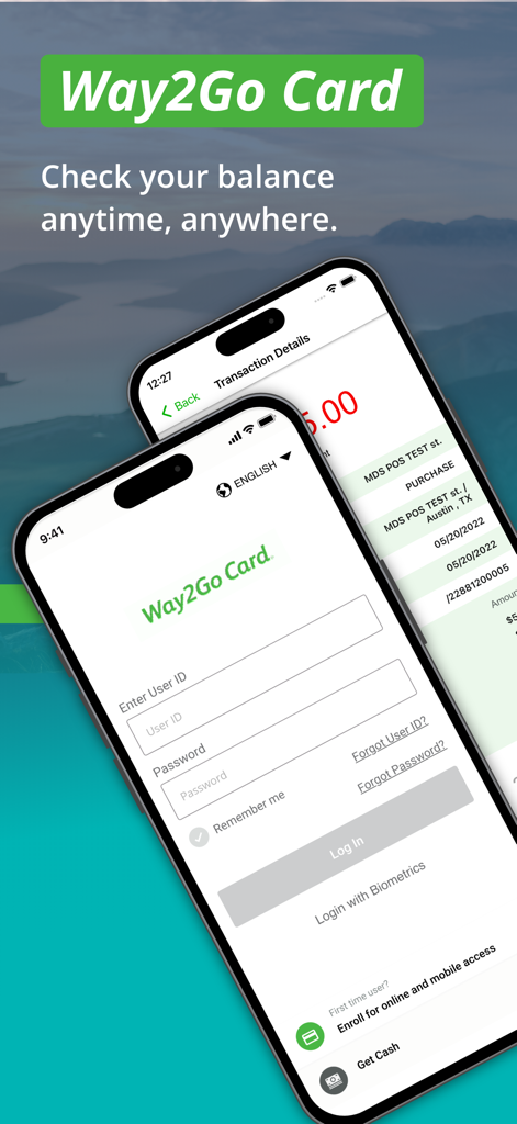 Pantalla de inicio de sesión y detalles de transacciones de la aplicación móvil Go Program Way2Go Card en dos smartphones