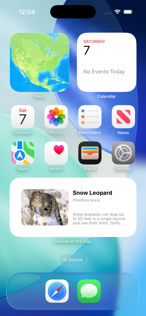 Fauna: Daily Animal Widget - Fauna app widget on an iPhone home screen showing a snow leopard fact