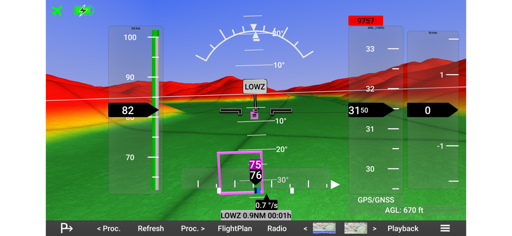 Horizon Portable Glass Cockpit interface displaying 3D synthetic vision terrain and flight instruments