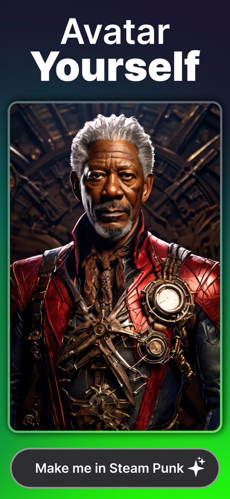 AI Image Generator ~ DALI Art - A screenshot of the DALI Art app featuring a steampunk themed AI avatar creation tool.