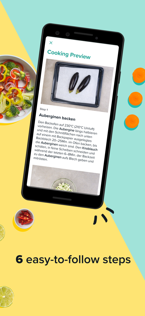 Ein Smartphone, das die Marley Spoon App mit Schritt-für-Schritt-Kochanleitungen und dem Text '6 einfach zu befolgende Schritte' zeigt