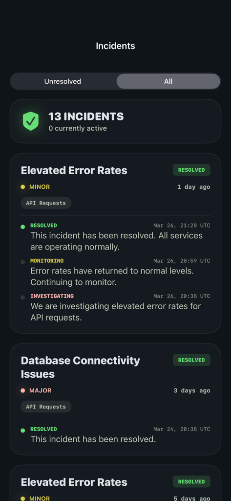 GitHub Status Monitor - Une liste des incidents de service GitHub passés et résolus, y compris les taux d'erreur et les problèmes de connectivité de base de données, affichée dans l'application GitHub Status Monitor.