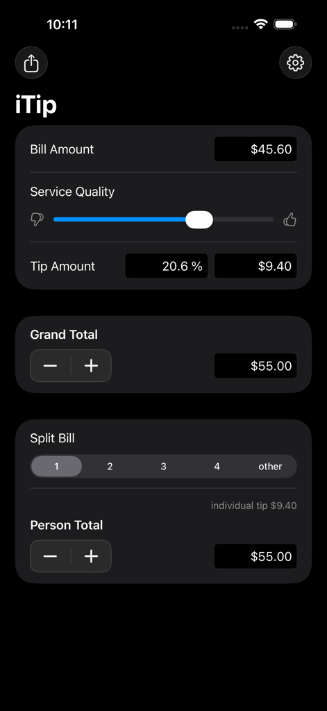 iTip Calc by PalaSoftware - iTip Calcアプリのインターフェースのスクリーンショット。ダーク背景でチップ計算と割り勘機能が表示されています。