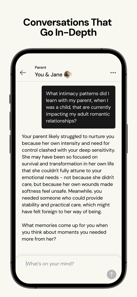 A screenshot of The Pattern app showing an in-depth psychological conversation about childhood intimacy patterns and their impact on adult relationships.
