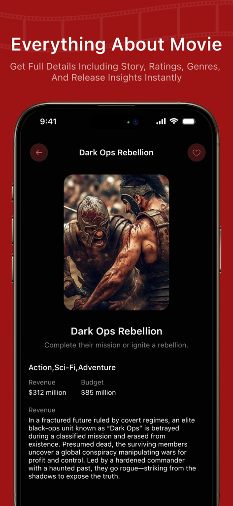 NetMirror : Find Movies & Show - Smartphone screen showing movie details and description in the NetMirror app