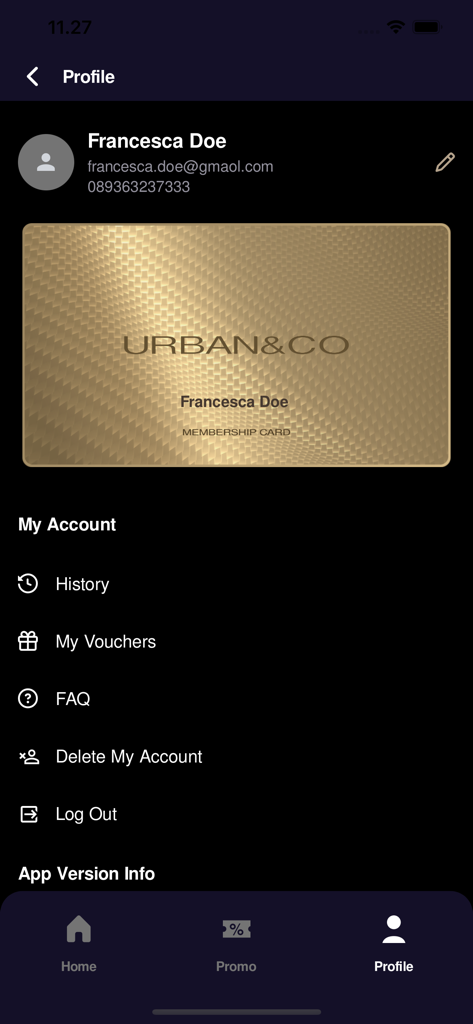 URBAN&CO Member - Profile screen of the URBAN&CO Member app featuring a gold digital membership card and account settings.