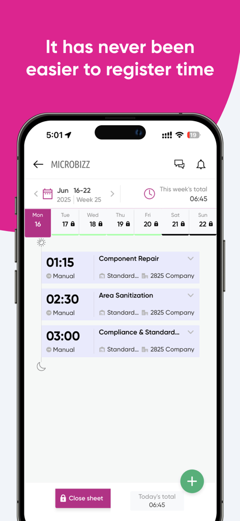 Microbizz 3 - Mobile screen of Microbizz 3 app displaying a daily log of field service tasks and total hours worked