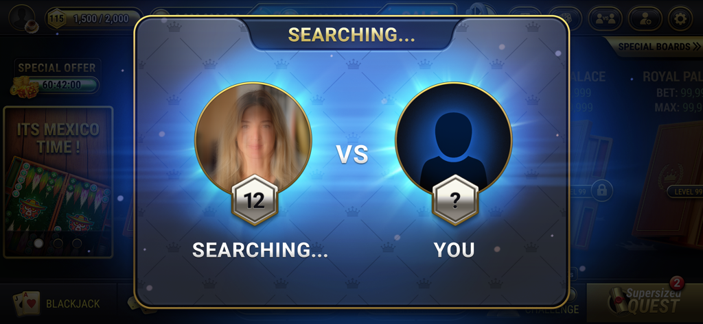 Backgammon Live™ Board Game - Multiplayer matchmaking screen in Backgammon Live showing a player searching for an opponent