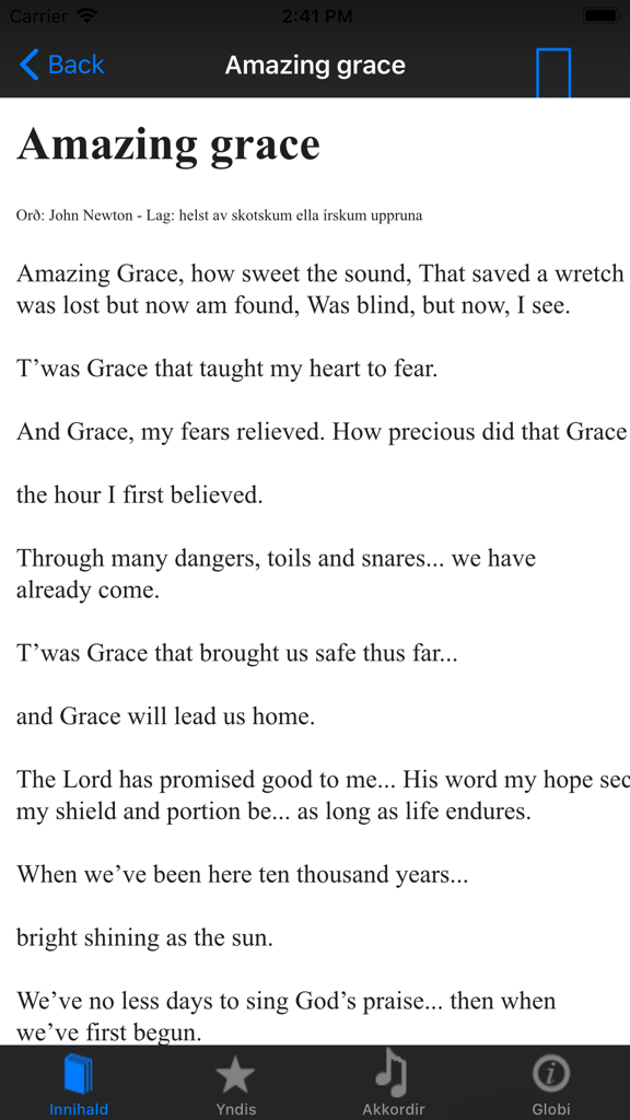 Okkara Sangbók - Lyrics for the song Amazing Grace in the Okkara Sangbok app